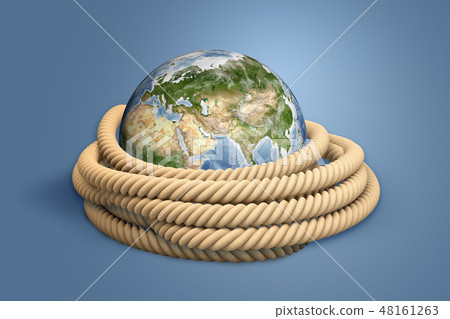 3d rendering of rope around earth on blue background 48161263
