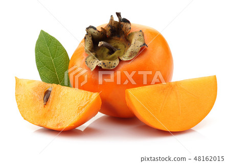 Persimmon fruit with slice and leaf isolated Persimmon fruit with slice and leaf isolated 48162015