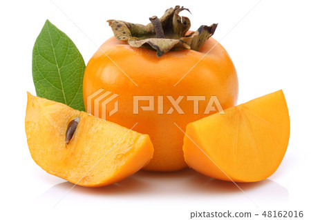 Persimmon fruit with slice and leaf isolated 48162016