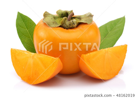 Persimmon fruit with slice and leaf isolated 48162019