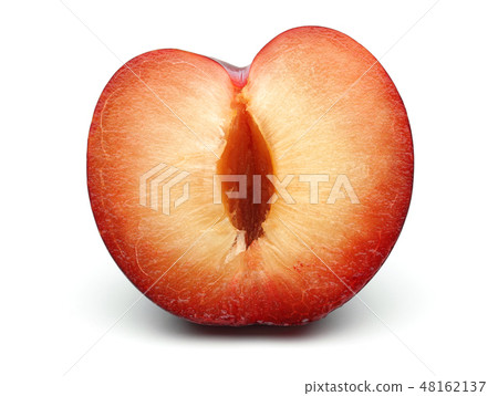 Half red plum isolated on white 48162137