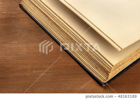 The pages of a thick old book on a dark rustic background with a place for text 48163189