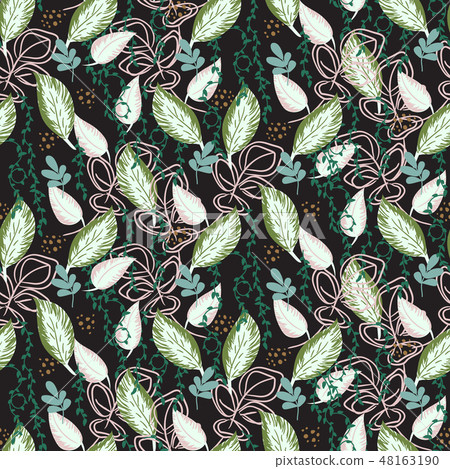 Botanical plants seamless vector pattern. Greenery repeat black print illustration. 48163190