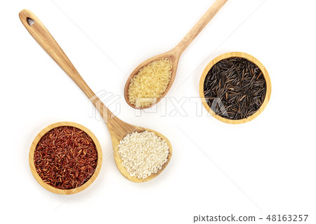 A photo of various types of rice, shot from the top on a white background with copy space A photo of various types of rice, shot from the top on a white background with copy space 48163257