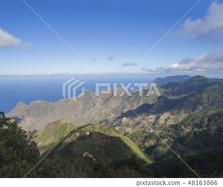 view point Amogoje, green hills with rock in the sea El Draguillo in anaga mountain, tenerife canary 48163866