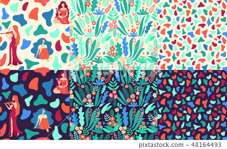 Bundle of hand drawn seamless vector patterns with beautiful female silhouettes, abstract shapes and Bundle of hand drawn seamless vector patterns with beautiful female silhouettes, abstract shapes and 48164493