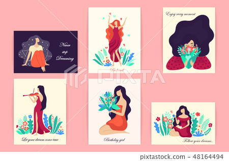 Romantic set of cute illustrations. Vector illustrations with a dreamy young beautiful women Romantic set of cute illustrations. Vector illustrations with a dreamy young beautiful women 48164494