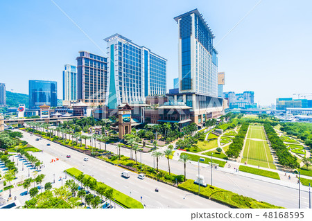 China, Macau - September 11 2018 - Beautiful luxury exterior architecture building of hotel resort in macau city skyline 48168595