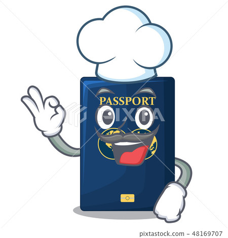 Chef blue passport above character wooden table Chef blue passport above character wooden table 48169707