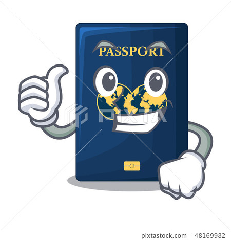 Thumbs up blue passport above character wooden table 48169982