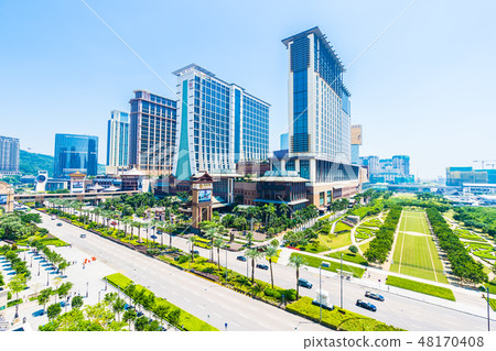 China, Macau - September 11 2018 - Beautiful luxury exterior architecture building of hotel resort in macau city skyline 48170408