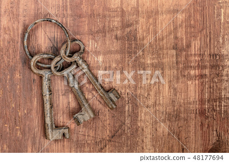 An overhead photo of old keys on a ring, on a dark rustic texture with copy space An overhead photo of old keys on a ring, on a dark rustic texture with copy space 48177694