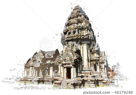 Khmer stone sanctuary in watercolor art of vector. 48179298