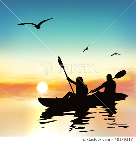 Silhouette of funny girls kayaking. Silhouette of funny girls kayaking. 48179317