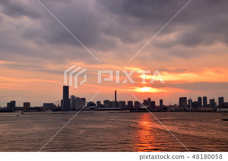 Minato Mirai district shining orange in sunset 48180058