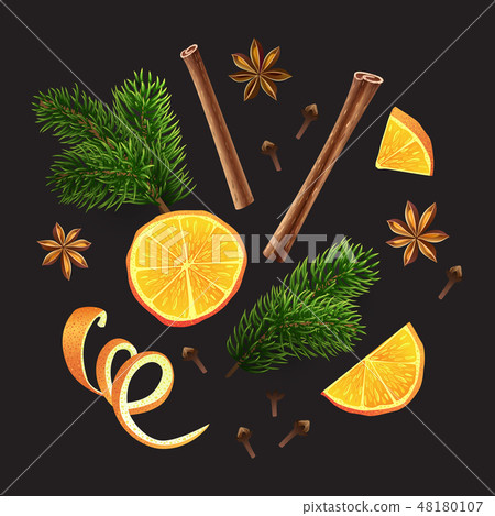 Vector. Large set of spices, orange, fir branches 48180107