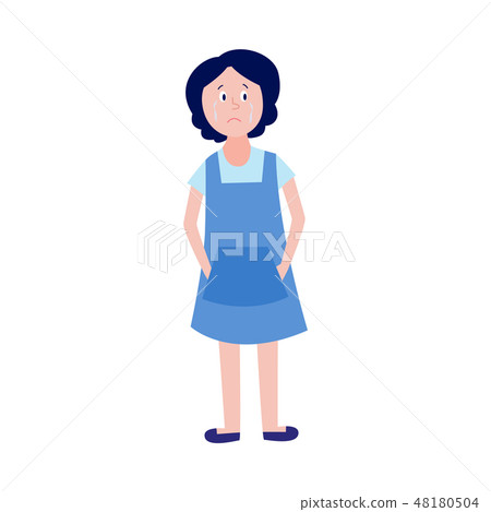 Crying little girl standing alone isolated on white background. 48180504