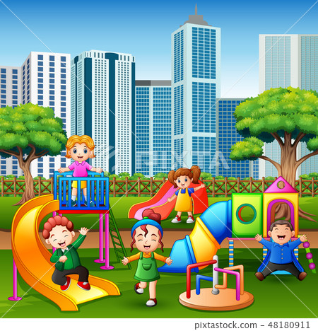 Cartoon kids having fun together on playground 48180911