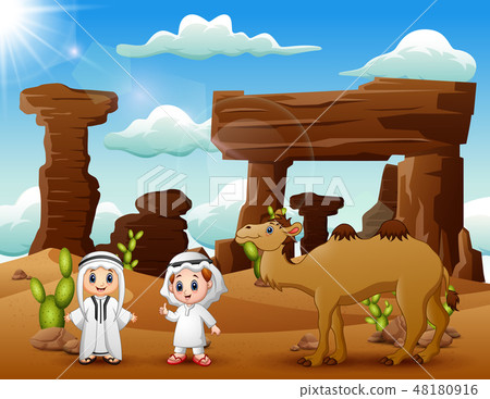 Two arab boys with camels in the desert Two arab boys with camels in the desert 48180916