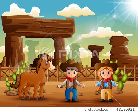 Cartoon cowboy and cowgirl with a horse Cartoon cowboy and cowgirl with a horse 48180921