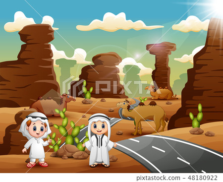 Two arab boys with camels in the desert road Two arab boys with camels in the desert road 48180922