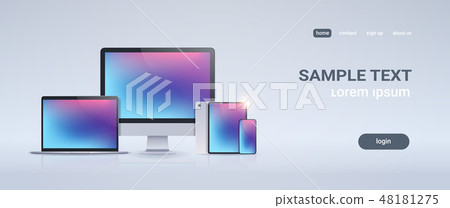 electronic devices mockup set laptop monitor tablet and smartphone with colorful screen on gray 48181275