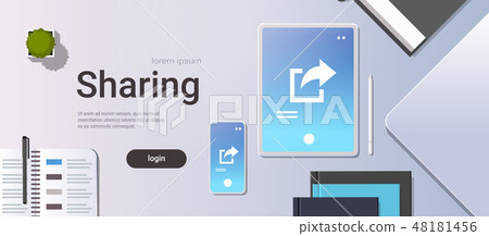 data share online internet sharing network top angle view workplace desktop with tablet pc and 48181456