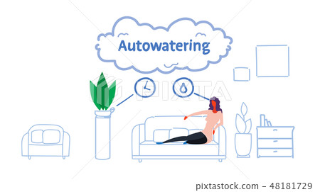 woman sitting couch using auto watering application smart house technology system concept modern 48181729