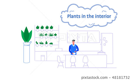 man preparing food modern dining room kitchen interior with plants on wall male cartoon character man preparing food modern dining room kitchen interior with plants on wall male cartoon character 48181732