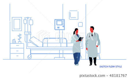 female male doctors in uniform discussing hospital room interior intensive therapy patient ward with 48181767