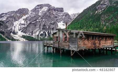 Beautiful landscape with mountain lake view. Bries Lake Hut at the Dolomites in Italy Beautiful landscape with mountain lake view. Bries Lake Hut at the Dolomites in Italy 48182807