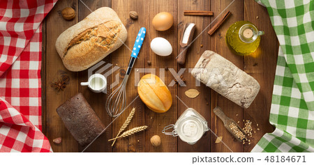 bread and bakery ingredients on wood bread and bakery ingredients on wood 48184671