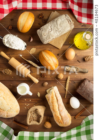 bread and bakery ingredients on wood bread and bakery ingredients on wood 48184673
