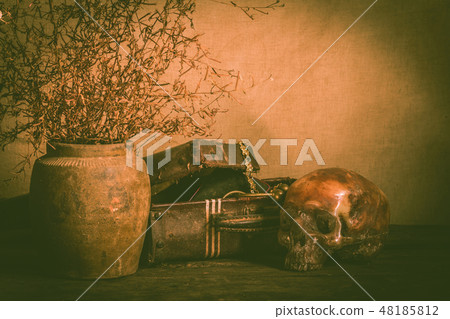 Human skull and flower vase old treasure on wooden 48185812