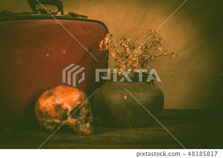 Human skull and flower vase old treasure on wooden 48185817