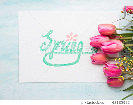 Beautiful tulips and word Spring in green letters 48185952