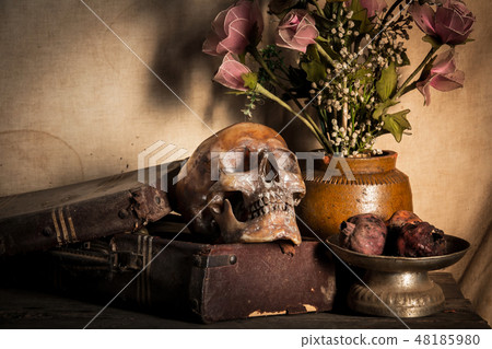 Human skull and flower vase old treasure on wooden Human skull and flower vase old treasure on wooden 48185980