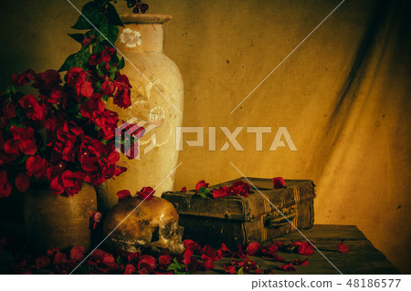 Human skull and flower vase old treasure on wooden 48186577