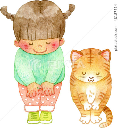 女孩和貓微笑著鞠躬的水彩插圖 48187514