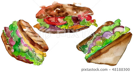 Sandwich in a watercolor style isolated set. Watercolour fast food illustration element on white 48188300