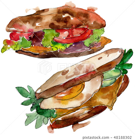 Sandwich in a watercolor style isolated set. Watercolour fast food illustration element on white 48188302