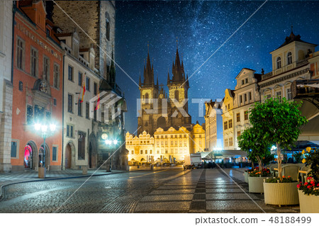 Prague Old Town Square at night with stars sky Prague Old Town Square at night with stars sky 48188499