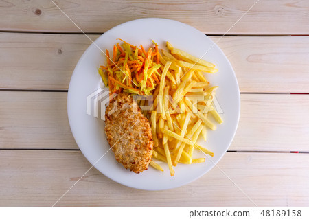Fried meat in breading with french fries Fried meat in breading with french fries 48189158