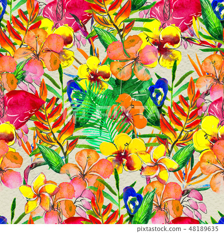 Seamless pattern With Tropical Flowers. Watercolor Background Seamless pattern With Tropical Flowers. Watercolor Background 48189635