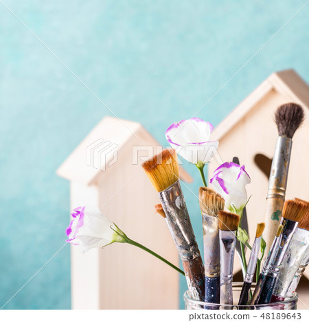 Art Brush Set and wooden house for decoration on  48189643
