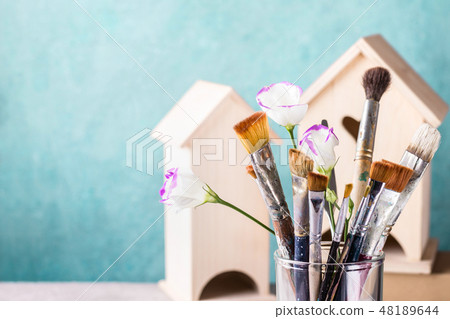 Art Creativity Concept. Brush Set, flowers and wo Art Creativity Concept. Brush Set, flowers and wo 48189644
