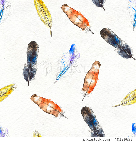 Watercolor feathers seamless pattern. Hand painted texture Watercolor feathers seamless pattern. Hand painted texture 48189655