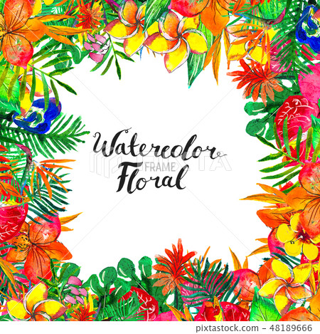 Watercolor Background with tropical plants and flowers Watercolor Background with tropical plants and flowers 48189666
