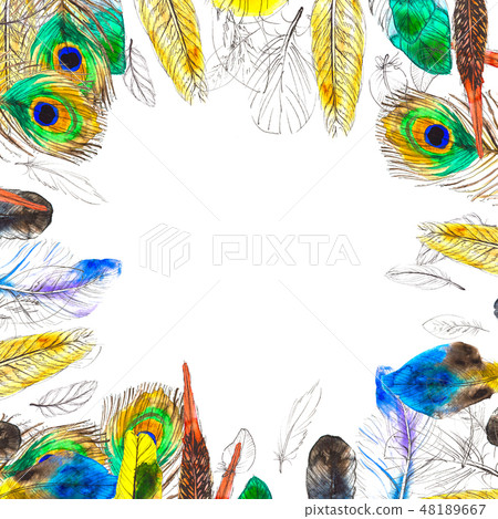 Watercolor frame with colorful feathers on white background Watercolor frame with colorful feathers on white background 48189667