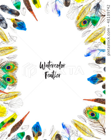 Watercolor frame with colorful feathers on... - Stock Illustration ...